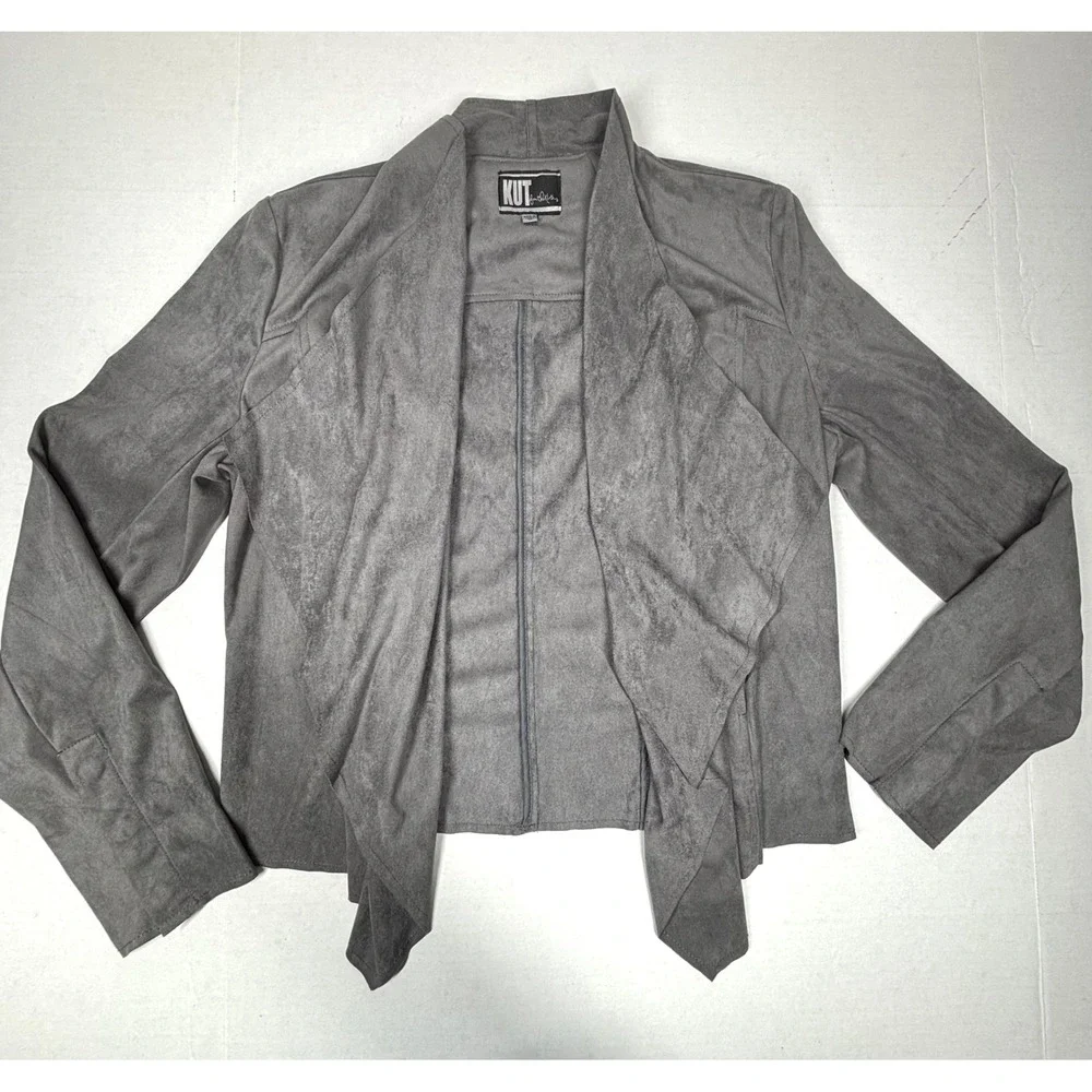 KUT from the Kloth Tayanita Faux Suede Drape Front Jacket Gray Medium Moto NWOT - Picture 1 of 8